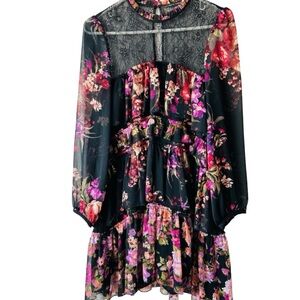 Zara Women Mini Floral Print Dress in Multi Colored (Black/Pink) Size XS